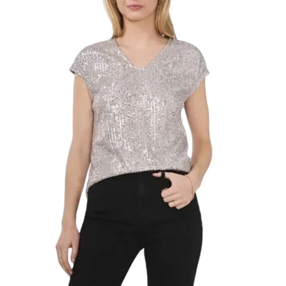Vince Camuto Sequin Blouse V Neckline Short Sleeve Metallic Silver Women's NWT